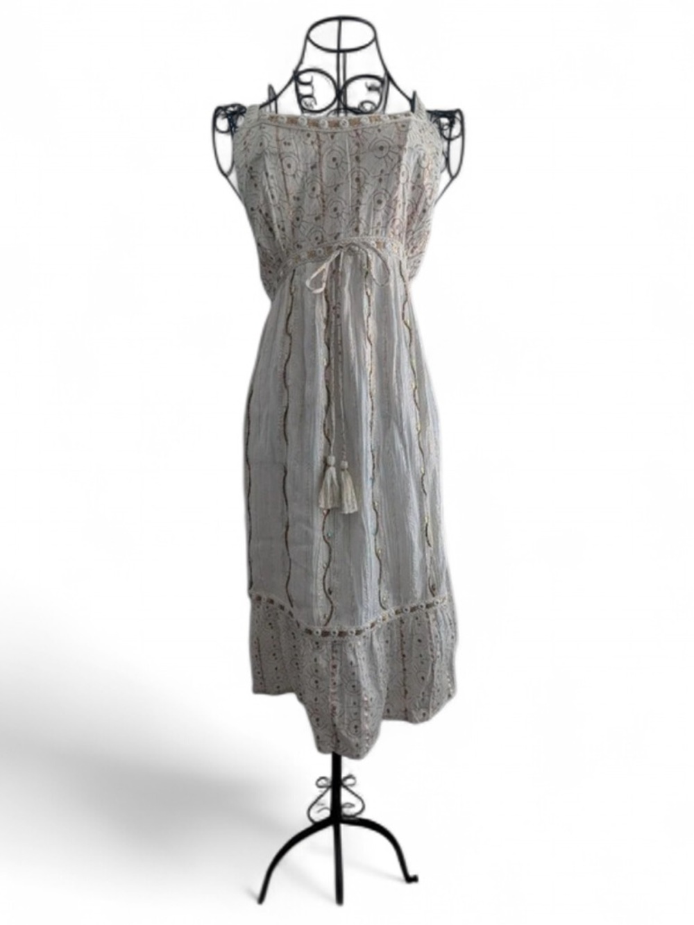 Boho Crochet Trim White/Gold Midi Dress with Tassel Tie, beaded embellishment, L